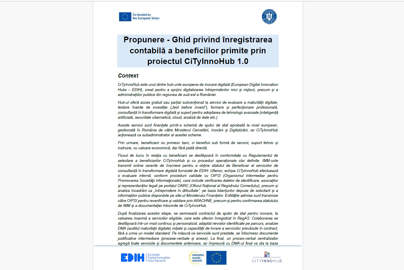 Informare pentru beneficiarii IMM | Înregistrarea contabilă a serviciilor CiTyInnoHub 1.0